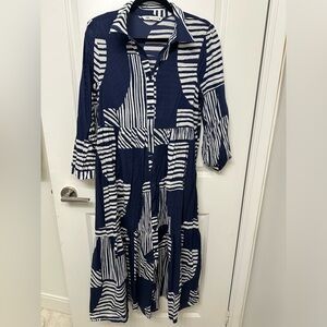 Zara Navy and White Striped Button-Front Midi Dress